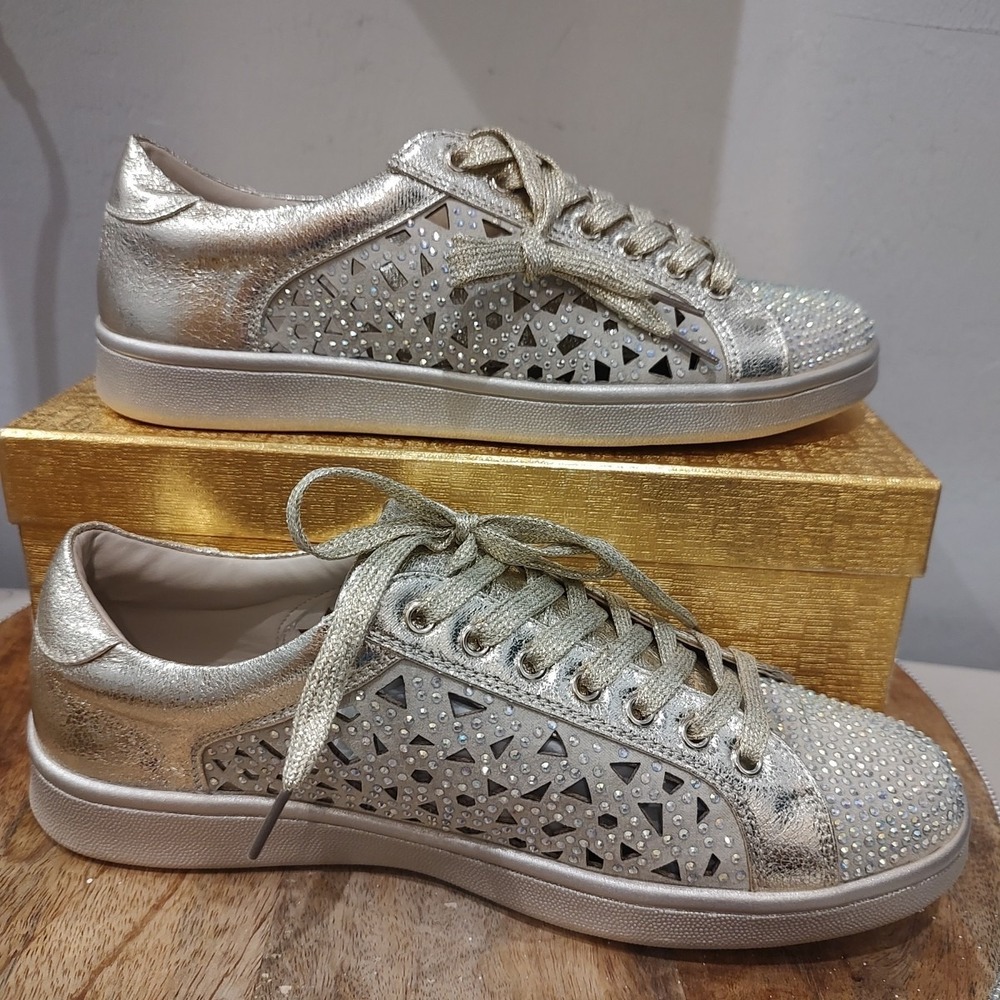 Lady‎ Couture Paris Gold Embellished Sneakers Sz 9 Laser Cut Glam Rhinestone